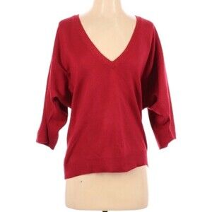 New York & Company Sweater Womens Size S Red 3/4 Sleeve Deep V-Neck Christmas